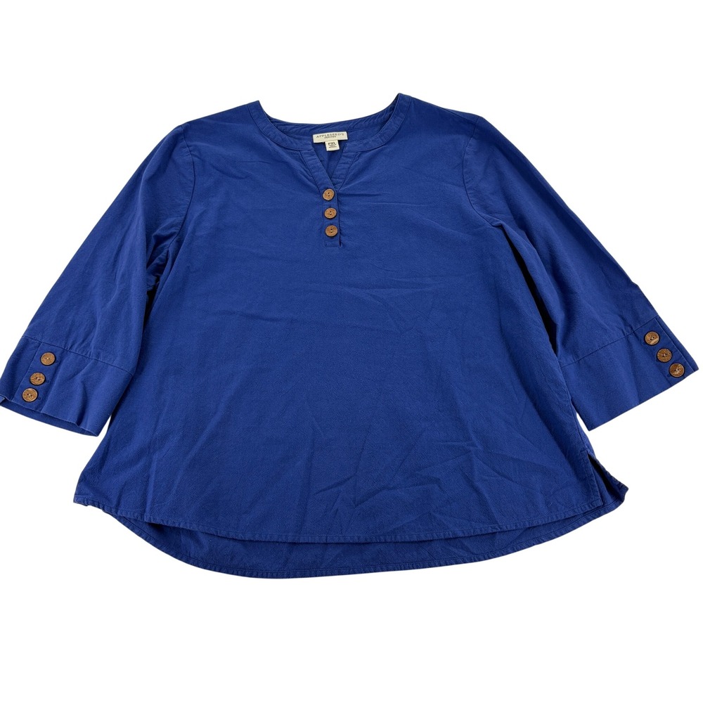 Appleseed's Petites Top PXL Blue Cotton Split Neck Button Cuff A25827